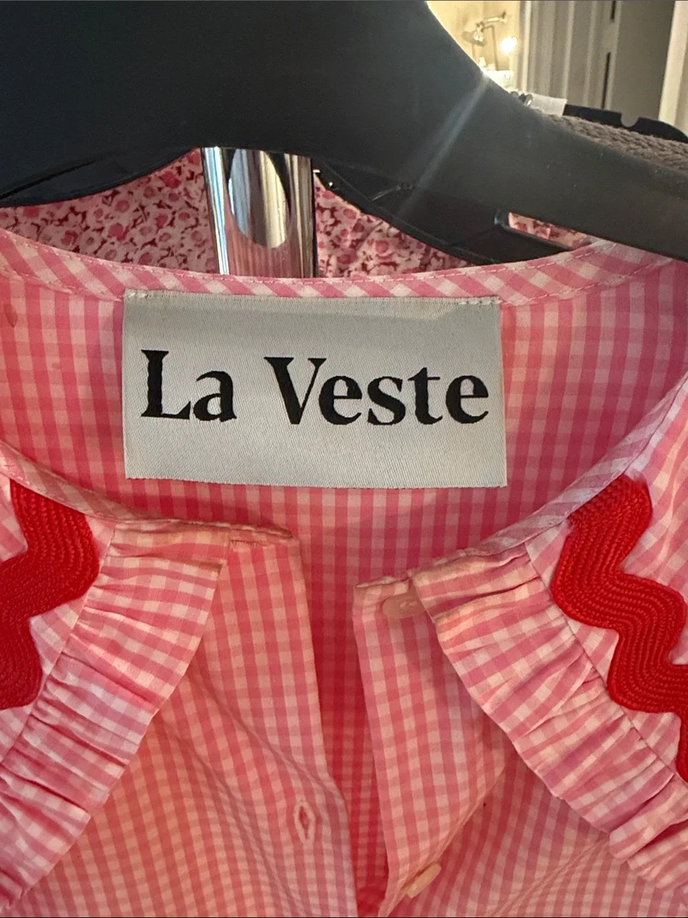 La Veste Pink Gingham Button-Up Blouse with Red Trim Collar - Picture 2 of 3
